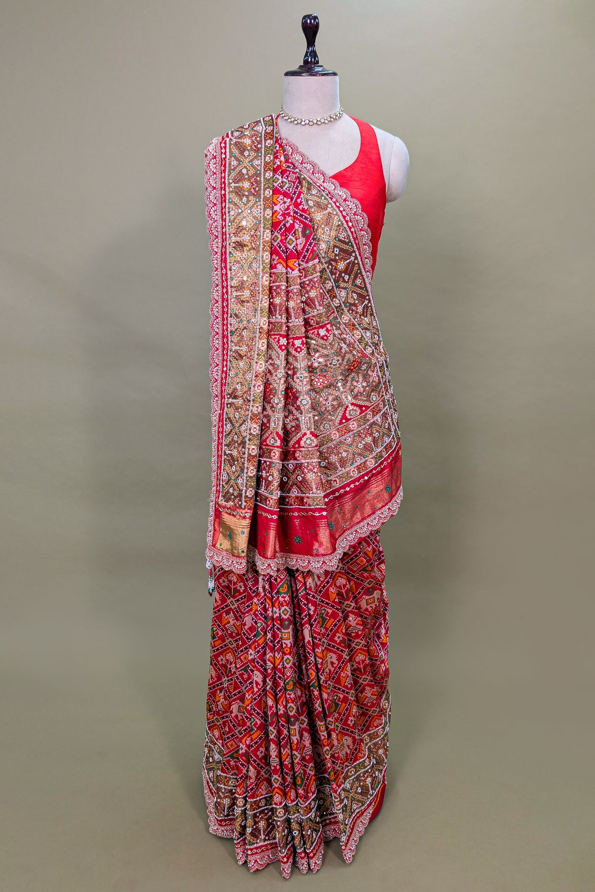Maroon Silk Traditional Check Patola Saree with Applique Border and Pallu