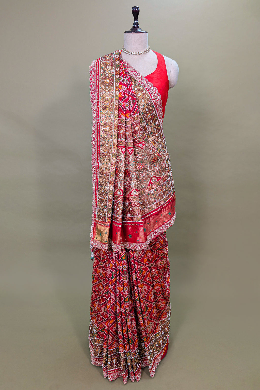 Maroon Silk Traditional Check Patola Saree with Applique Border and Pallu
