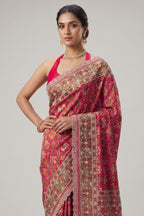 Maroon Silk Traditional Check Patola Saree with Applique Border and Pallu