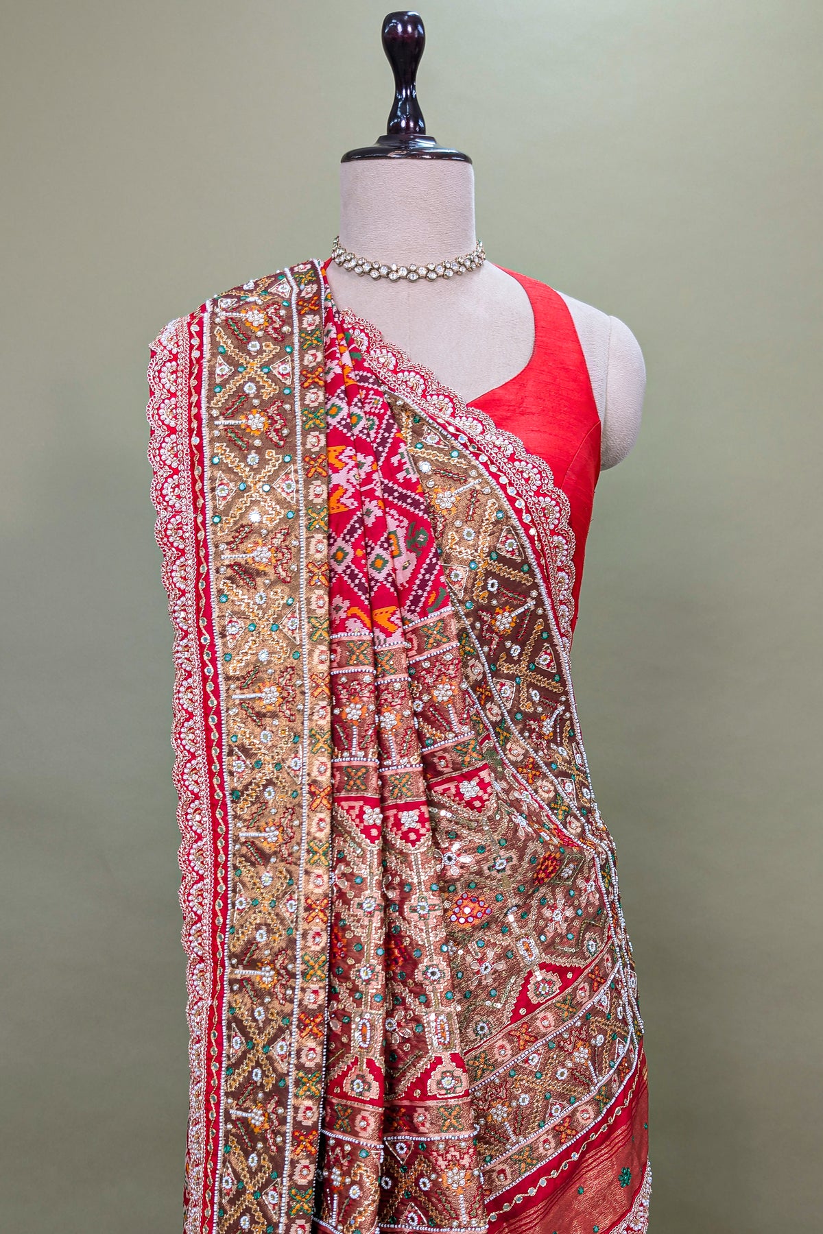 Maroon Silk Traditional Check Patola Saree with Applique Border and Pallu