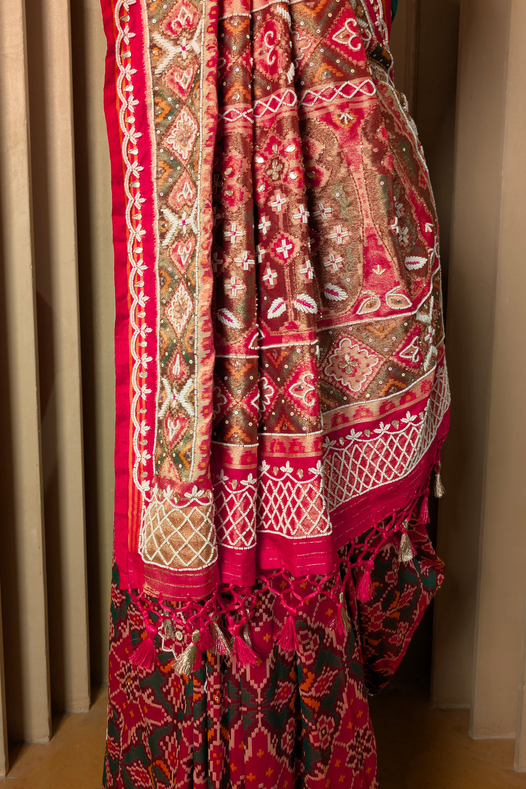 Pink Silk Traditional Patola Weave Saree with Handwork