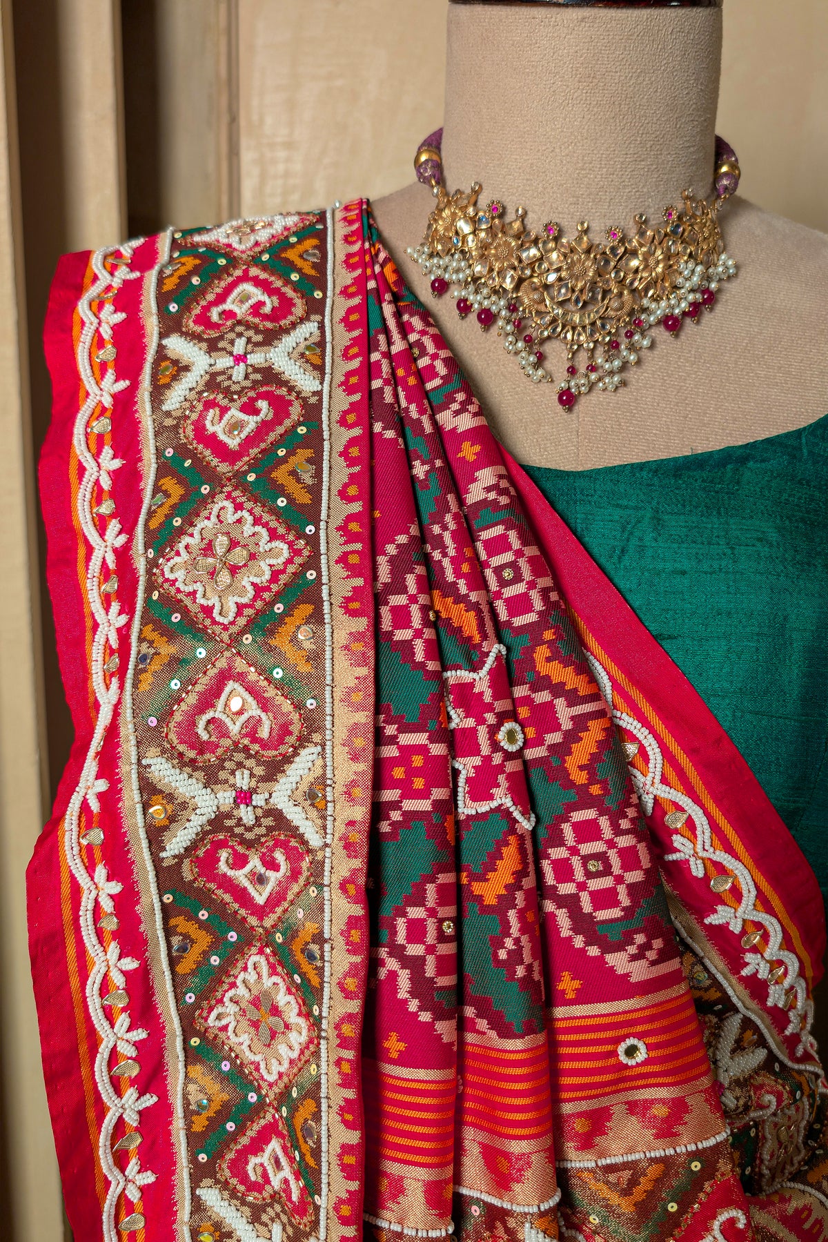 Pink Silk Traditional Patola Weave Saree with Handwork