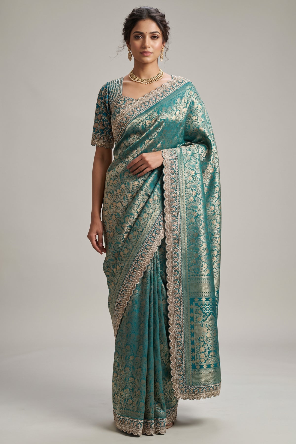 Teal Green Dola Silk Woven Saree with Heavy Work Readymade Blouse