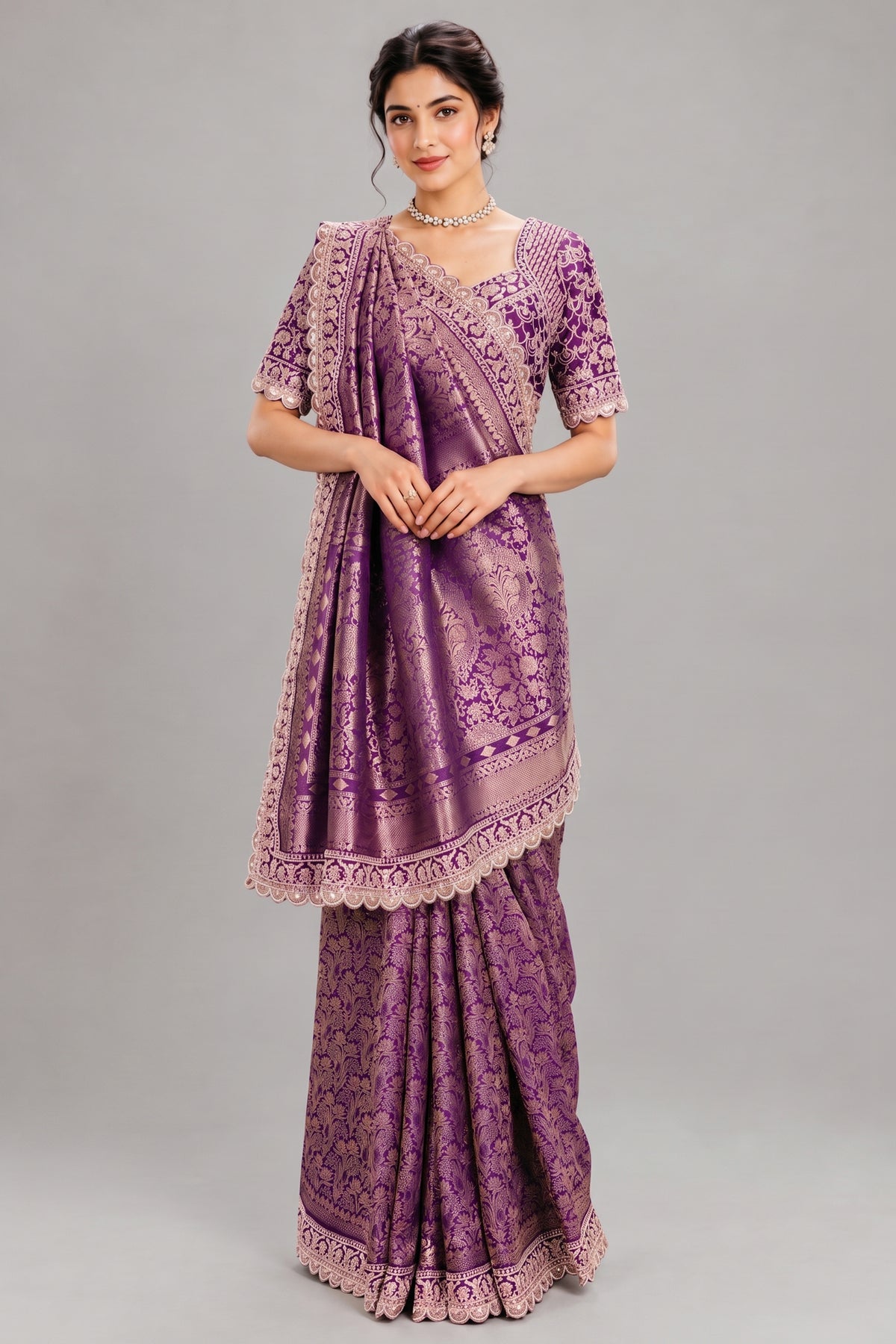 Purple Dola Silk Woven Saree with Heavy Work Readymade Blouse