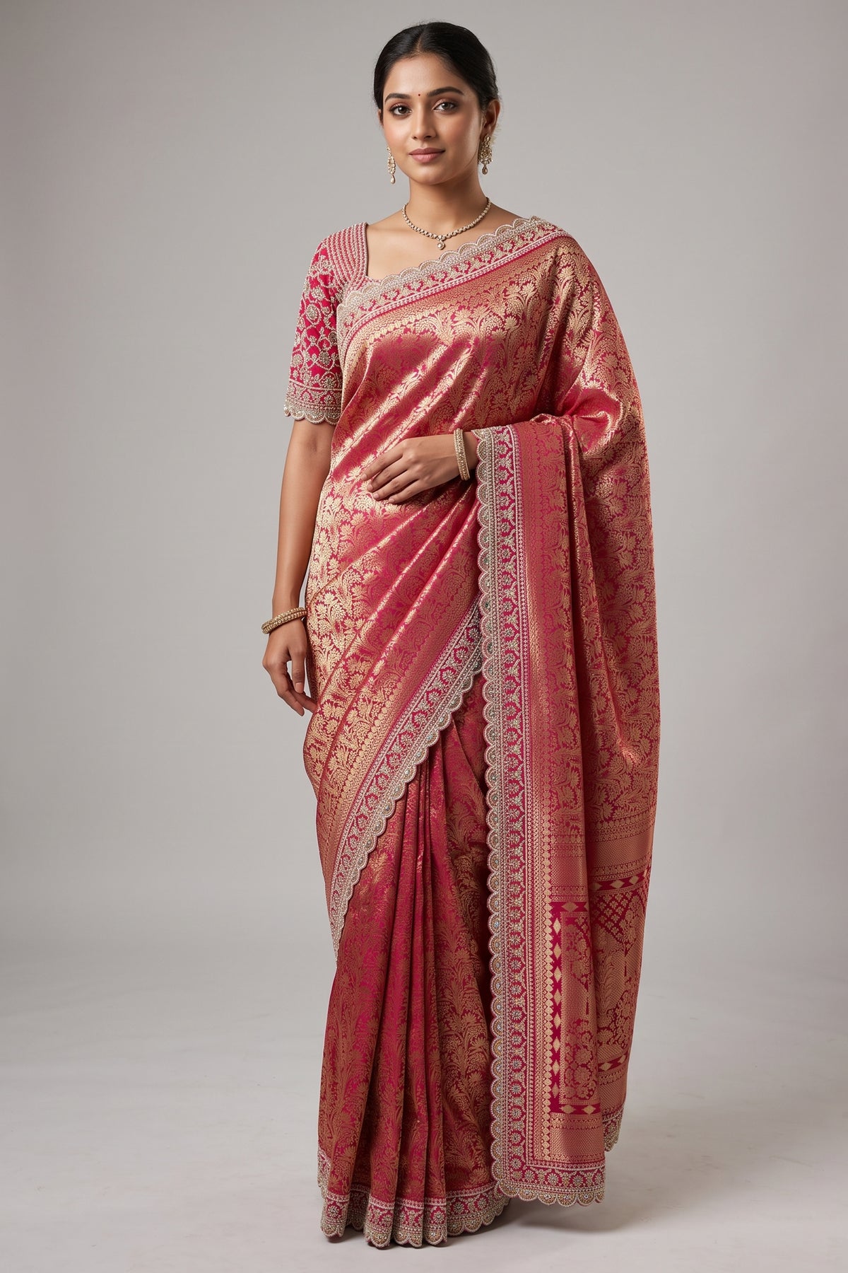Pink Dola Silk Woven Saree with Heavy Work Readymade Blouse