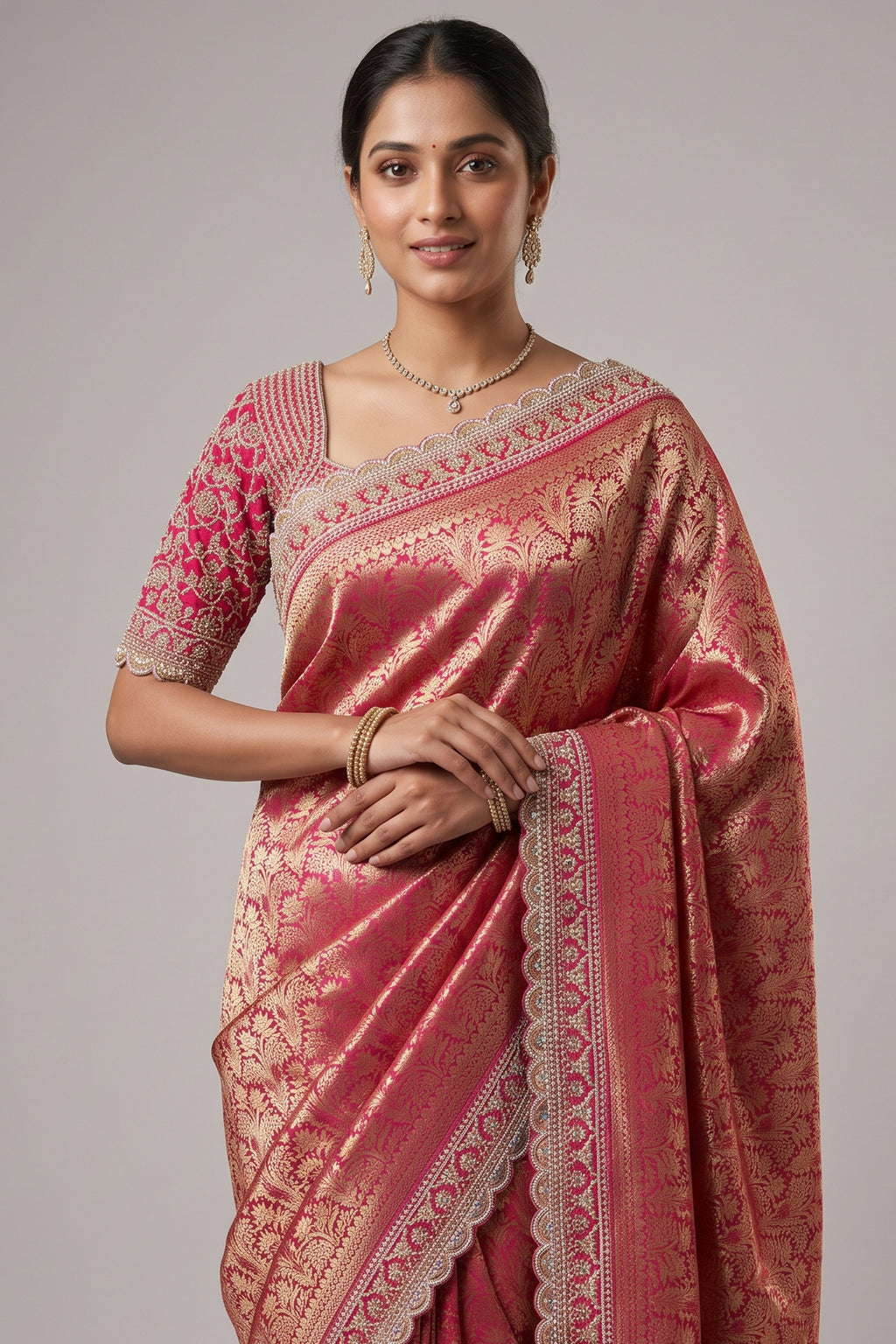 Pink Dola Silk Woven Saree with Heavy Work Readymade Blouse