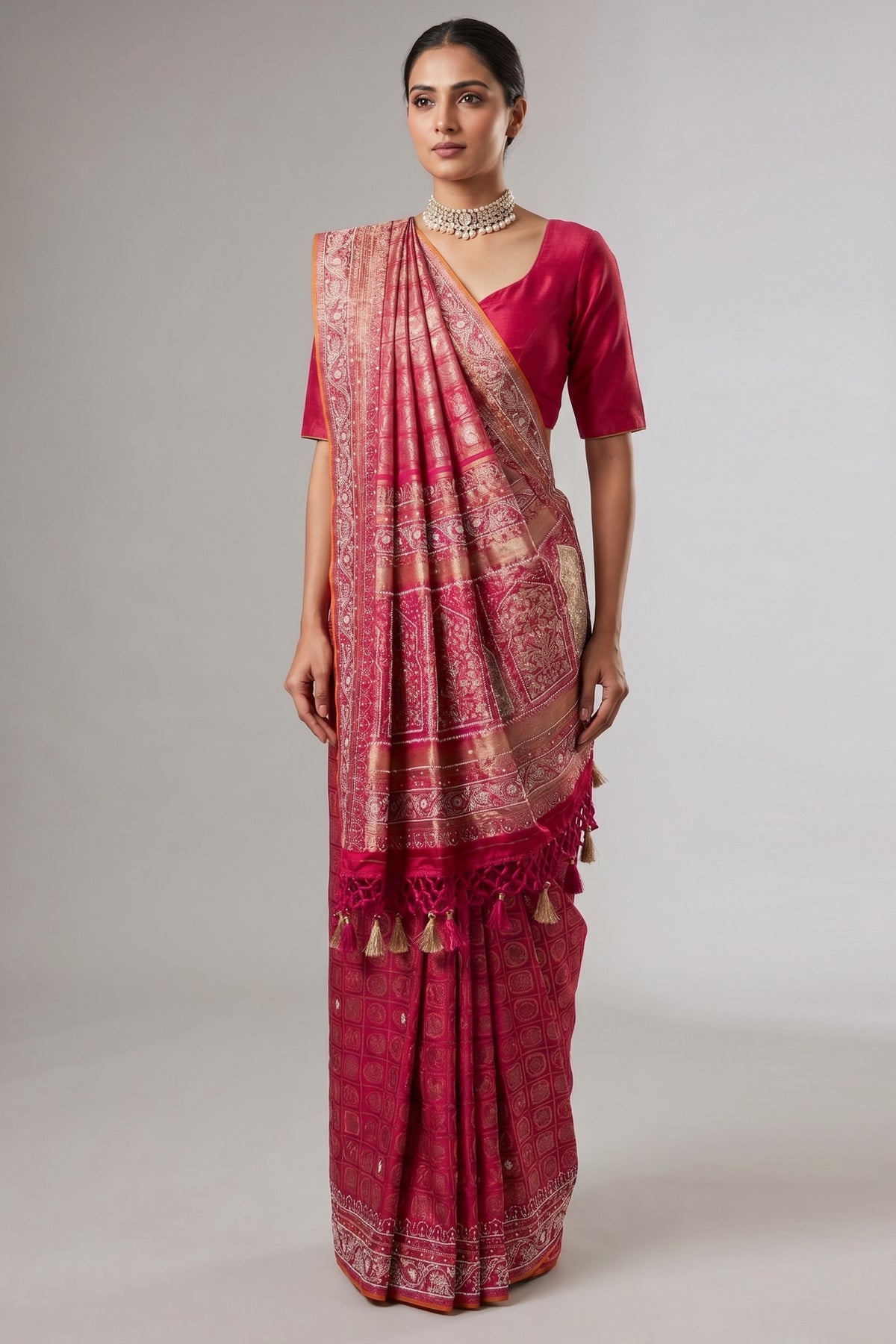 Pink Dual Toned Tissue Dola Silk Woven Traditional Saree with Beads and Cutdana Work
