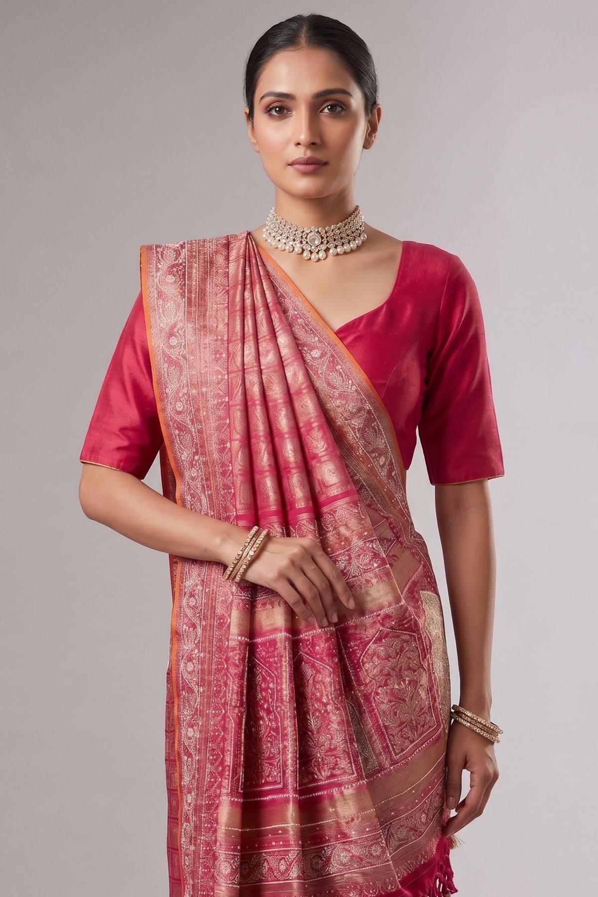 Pink Dual Toned Tissue Dola Silk Woven Traditional Saree with Beads and Cutdana Work