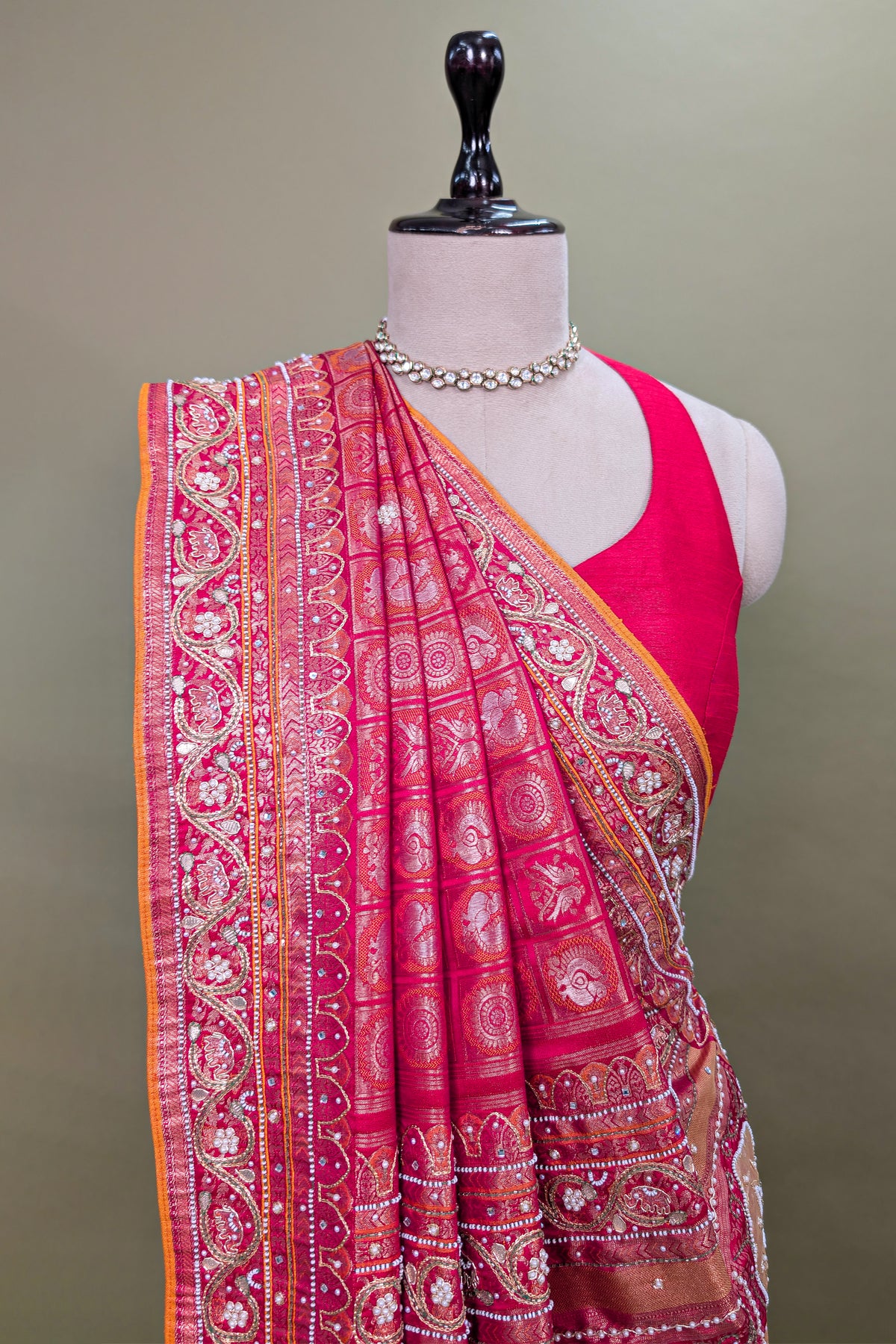 Pink Dual Toned Tissue Dola Silk Woven Traditional Saree with Beads and Cutdana Work