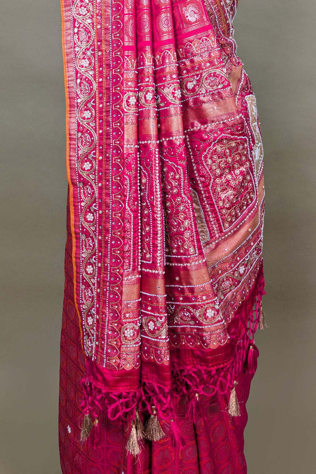 Pink Dual Toned Tissue Dola Silk Woven Traditional Saree with Beads and Cutdana Work