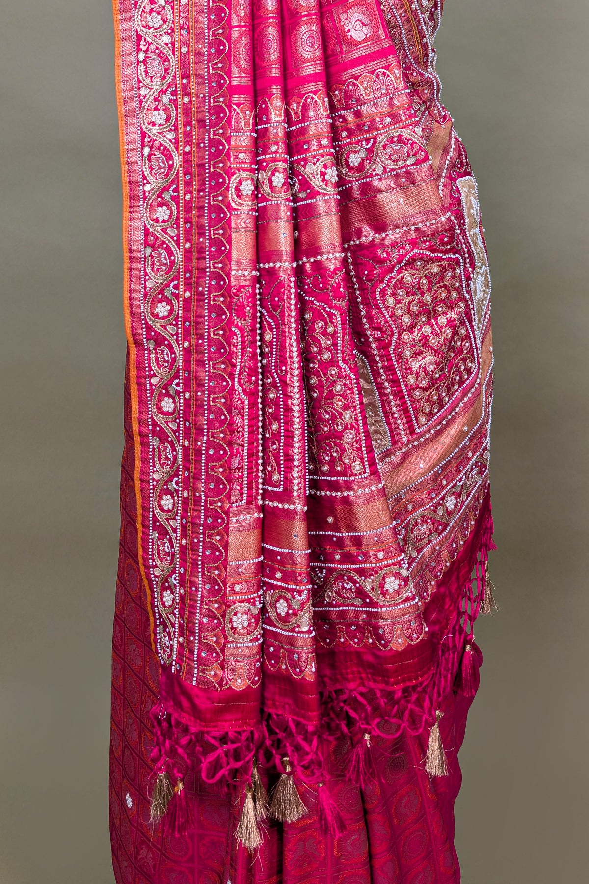 Pink Dual Toned Tissue Dola Silk Woven Traditional Saree with Beads and Cutdana Work