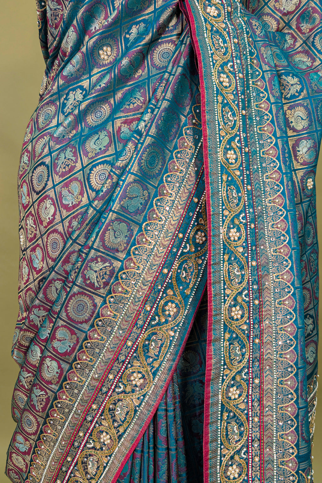 Blue Dual Toned Tissue Dola Silk Woven Traditional Saree with Beads and Cutdana Work