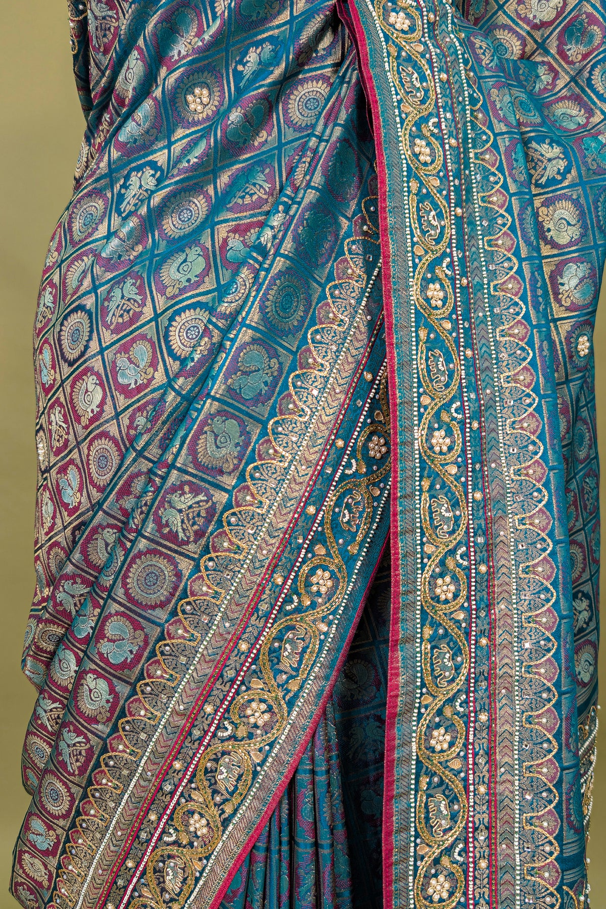 Blue Dual Toned Tissue Dola Silk Woven Traditional Saree with Beads and Cutdana Work