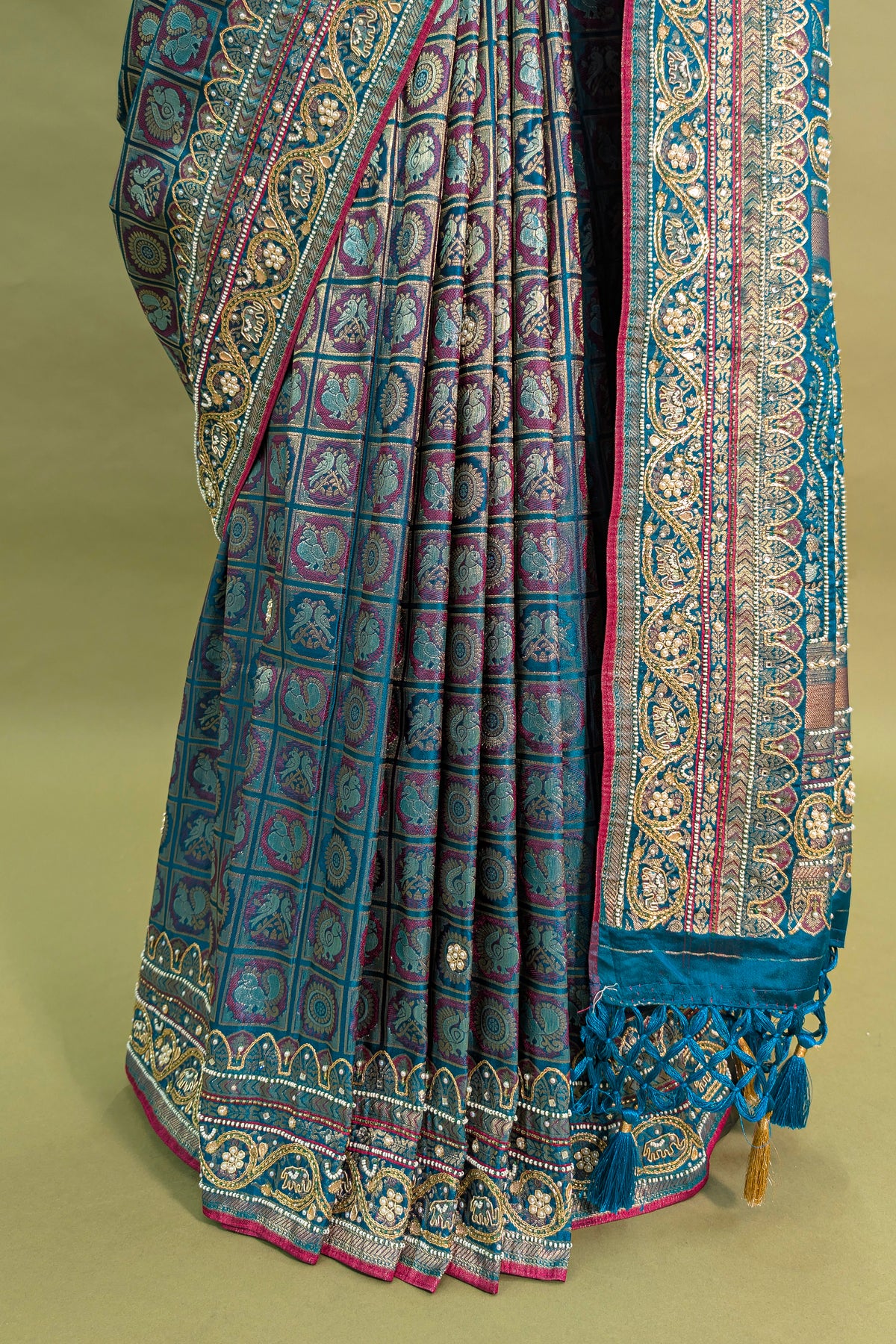Blue Dual Toned Tissue Dola Silk Woven Traditional Saree with Beads and Cutdana Work