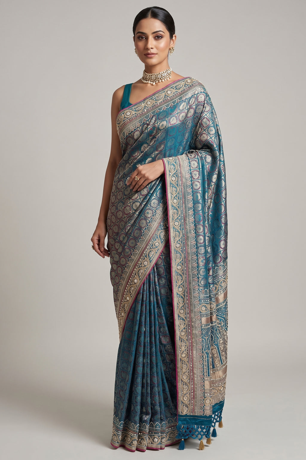 Blue Dual Toned Tissue Dola Silk Woven Traditional Saree with Beads and Cutdana Work