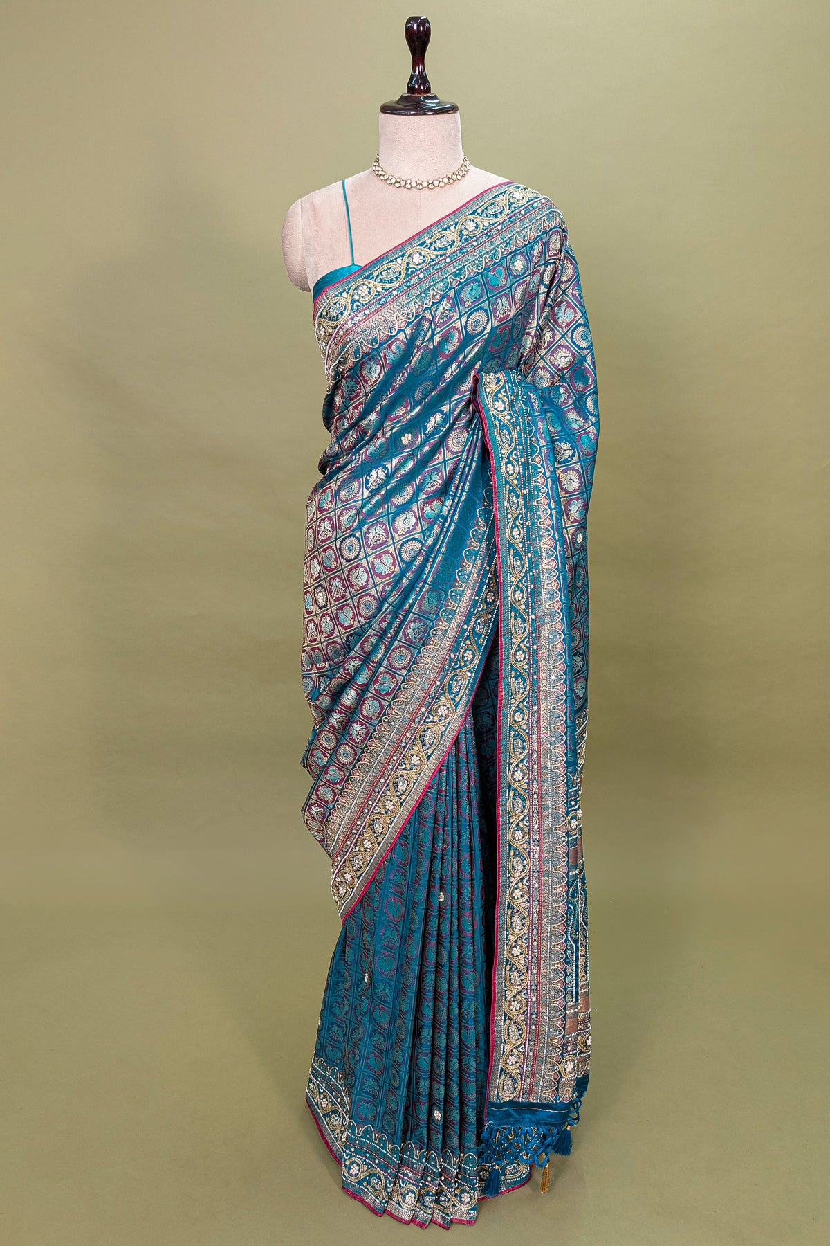 Blue Dual Toned Tissue Dola Silk Woven Traditional Saree with Beads and Cutdana Work