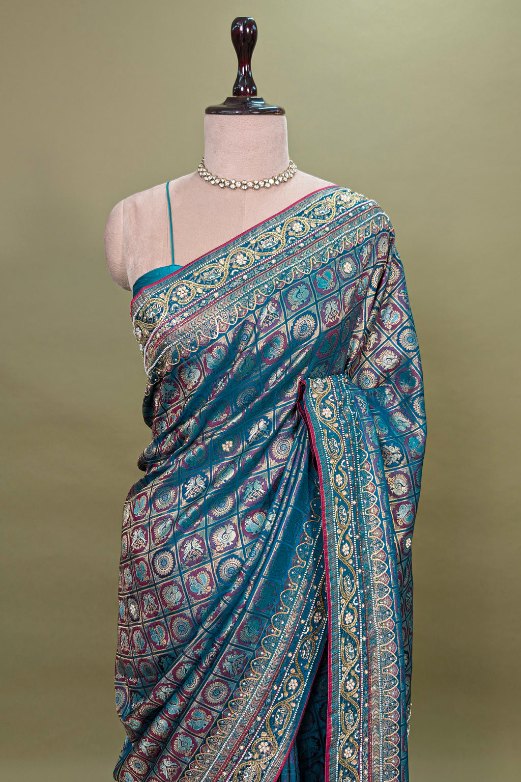 Blue Dual Toned Tissue Dola Silk Woven Traditional Saree with Beads and Cutdana Work