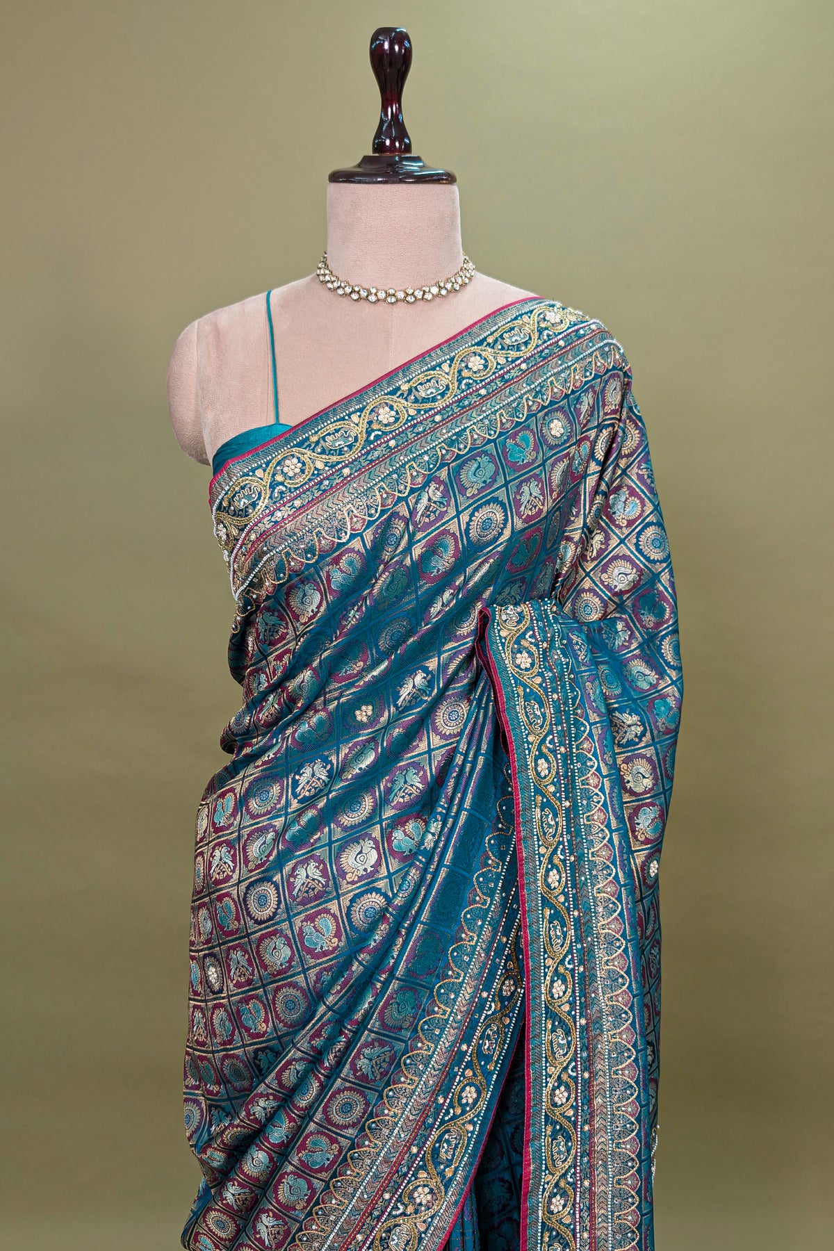 Blue Dual Toned Tissue Dola Silk Woven Traditional Saree with Beads and Cutdana Work