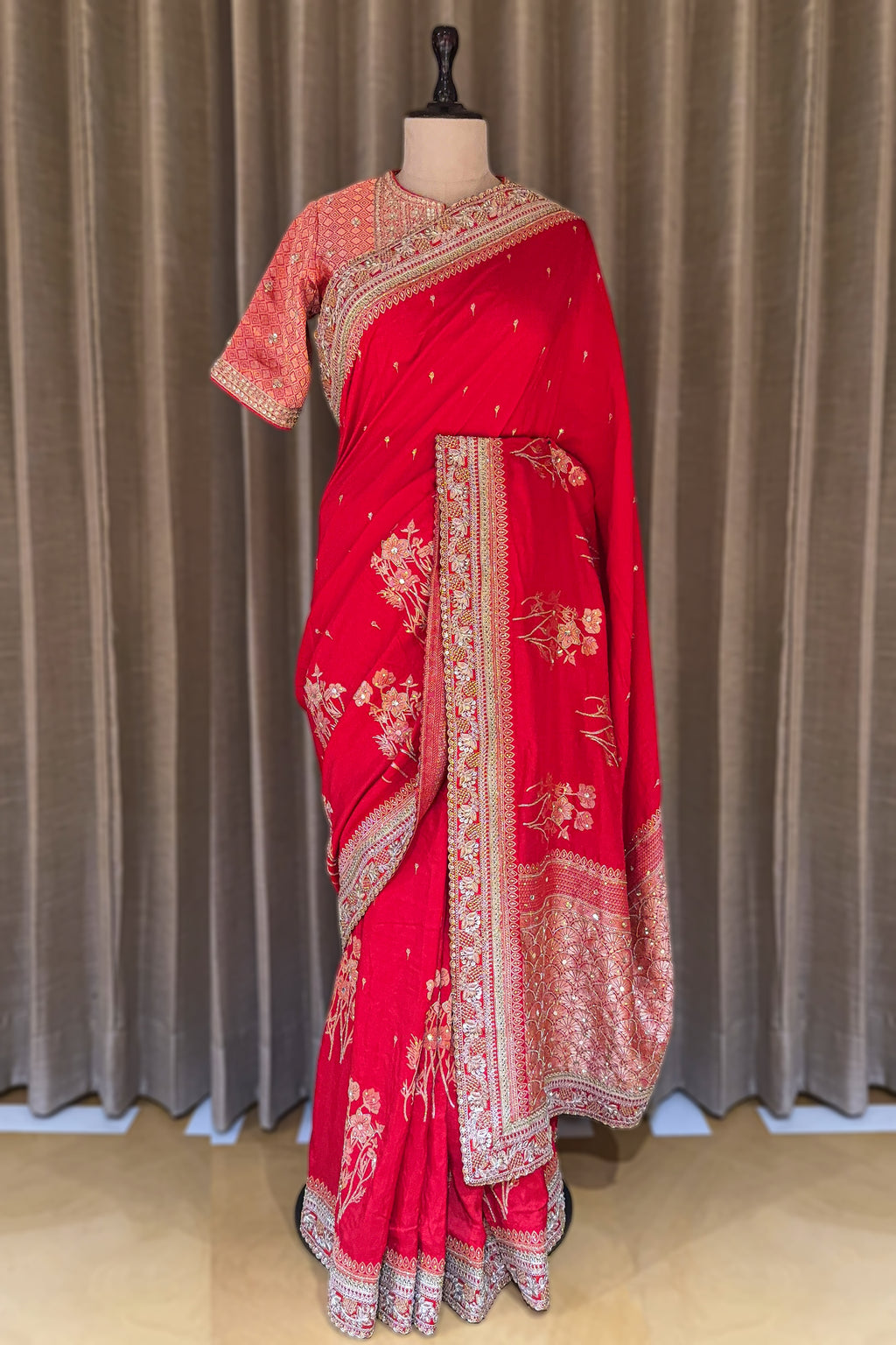 Red Dola Silk Woven Saree with Cutdana Work
