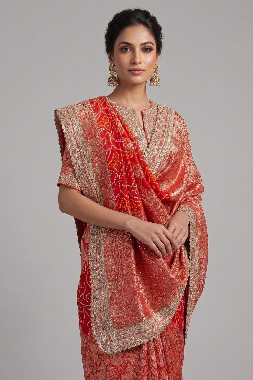 Red Art Silk Bandhani Saree with Banarasi Jacquard Weaving & Embroidered Cutdana Border