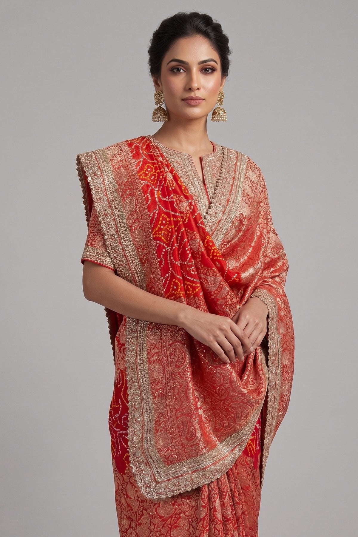 Red Art Silk Bandhani Saree with Banarasi Jacquard Weaving & Embroidered Cutdana Border