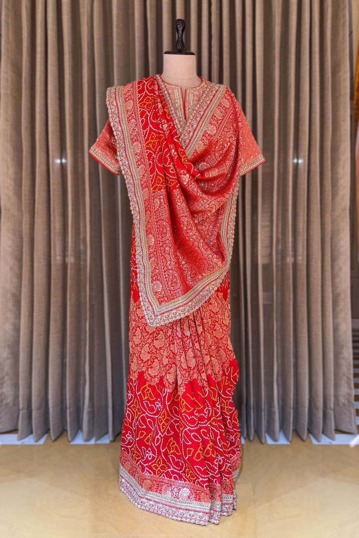 Red Art Silk Bandhani Saree with Banarasi Jacquard Weaving & Embroidered Cutdana Border