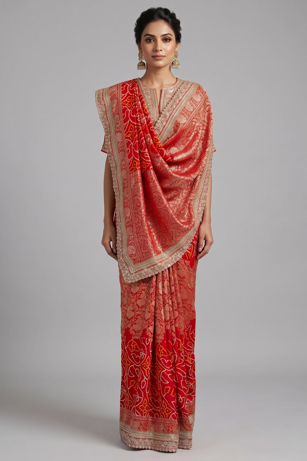 Red Art Silk Bandhani Saree with Banarasi Jacquard Weaving & Embroidered Cutdana Border
