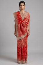 Red Art Silk Bandhani Saree with Banarasi Jacquard Weaving & Embroidered Cutdana Border