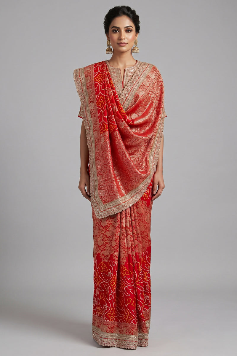 Red Art Silk Bandhani Saree with Banarasi Jacquard Weaving & Embroidered Cutdana Border