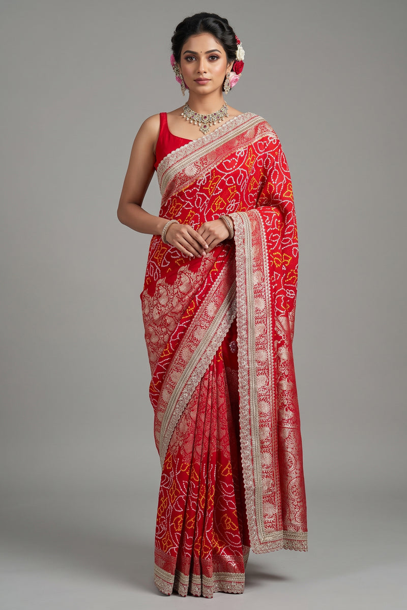 Red Art Silk Bandhani Saree with Banarasi Jacquard Weaving & Embroidered Cutdana Border