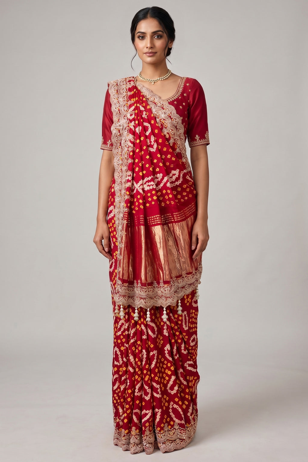 Red Gaji Satin Silk Bandhej Saree with Heavy Bead Worked Border