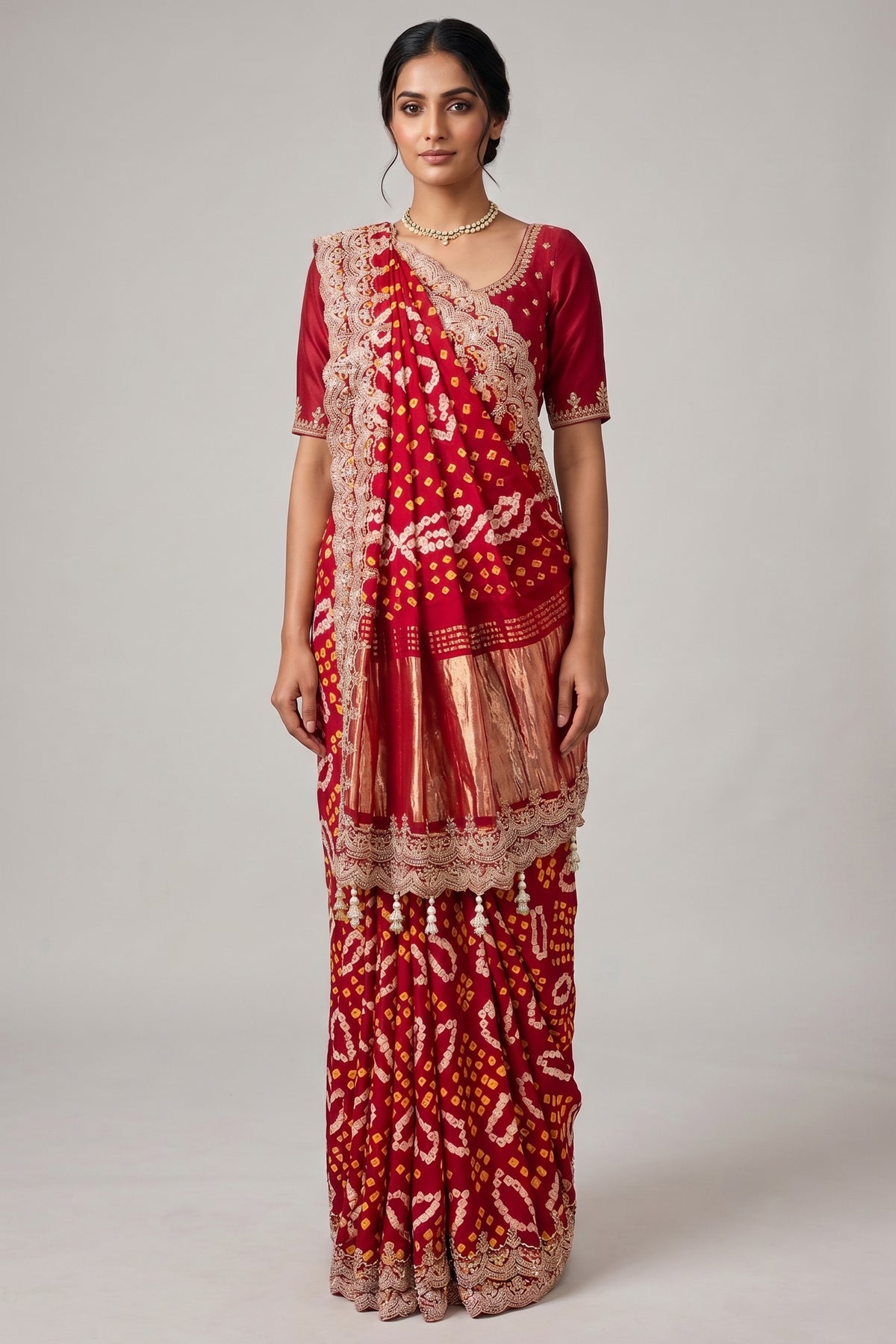 Red Gaji Satin Silk Bandhej Saree with Heavy Bead Worked Border