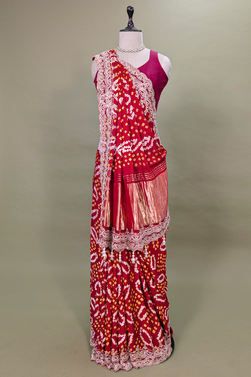 Red Gaji Satin Silk Bandhej Saree with Heavy Bead Worked Border