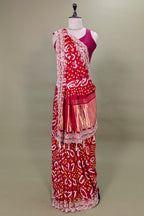 Red Gaji Satin Silk Bandhej Saree with Heavy Bead Worked Border