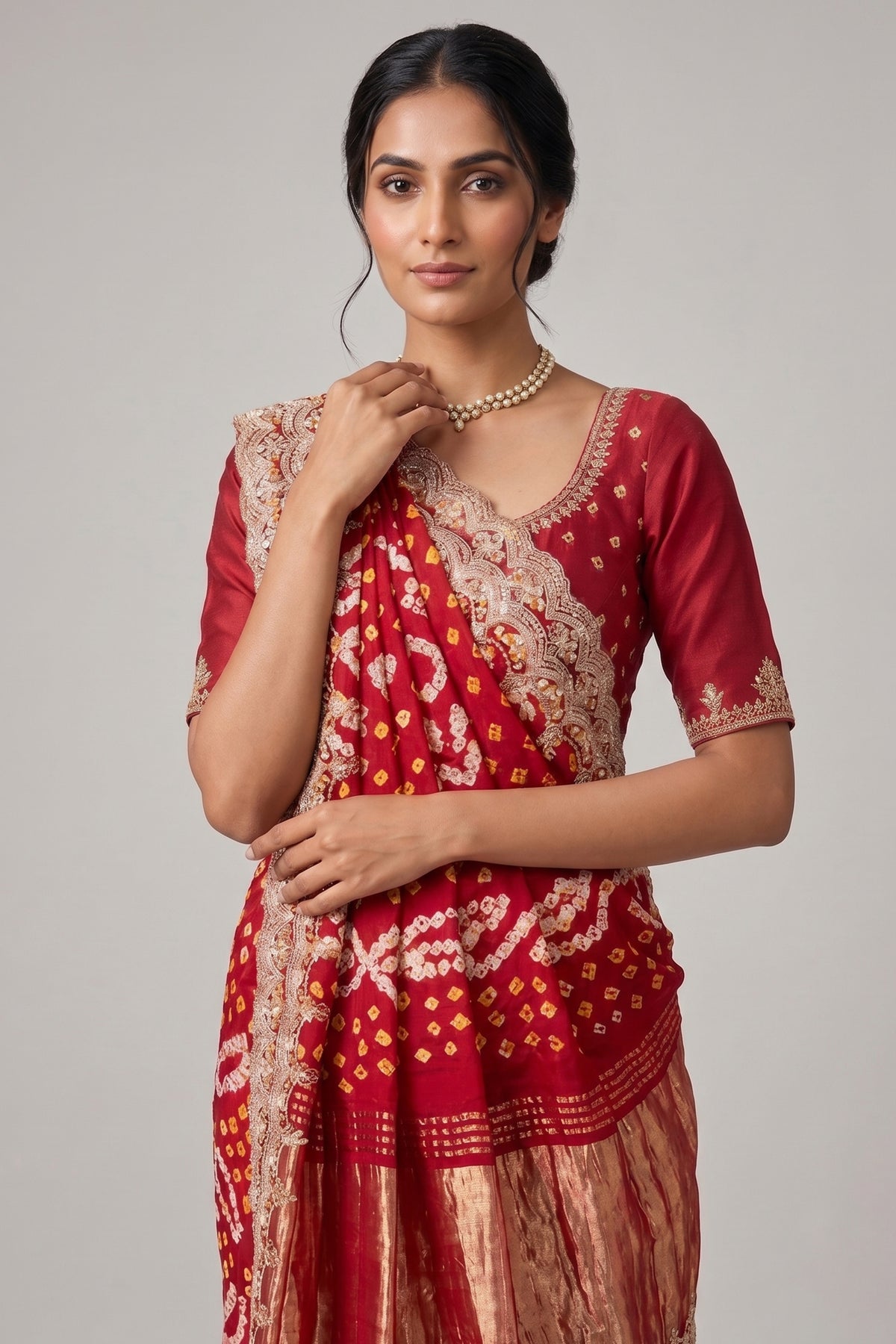 Red Gaji Satin Silk Bandhej Saree with Heavy Bead Worked Border