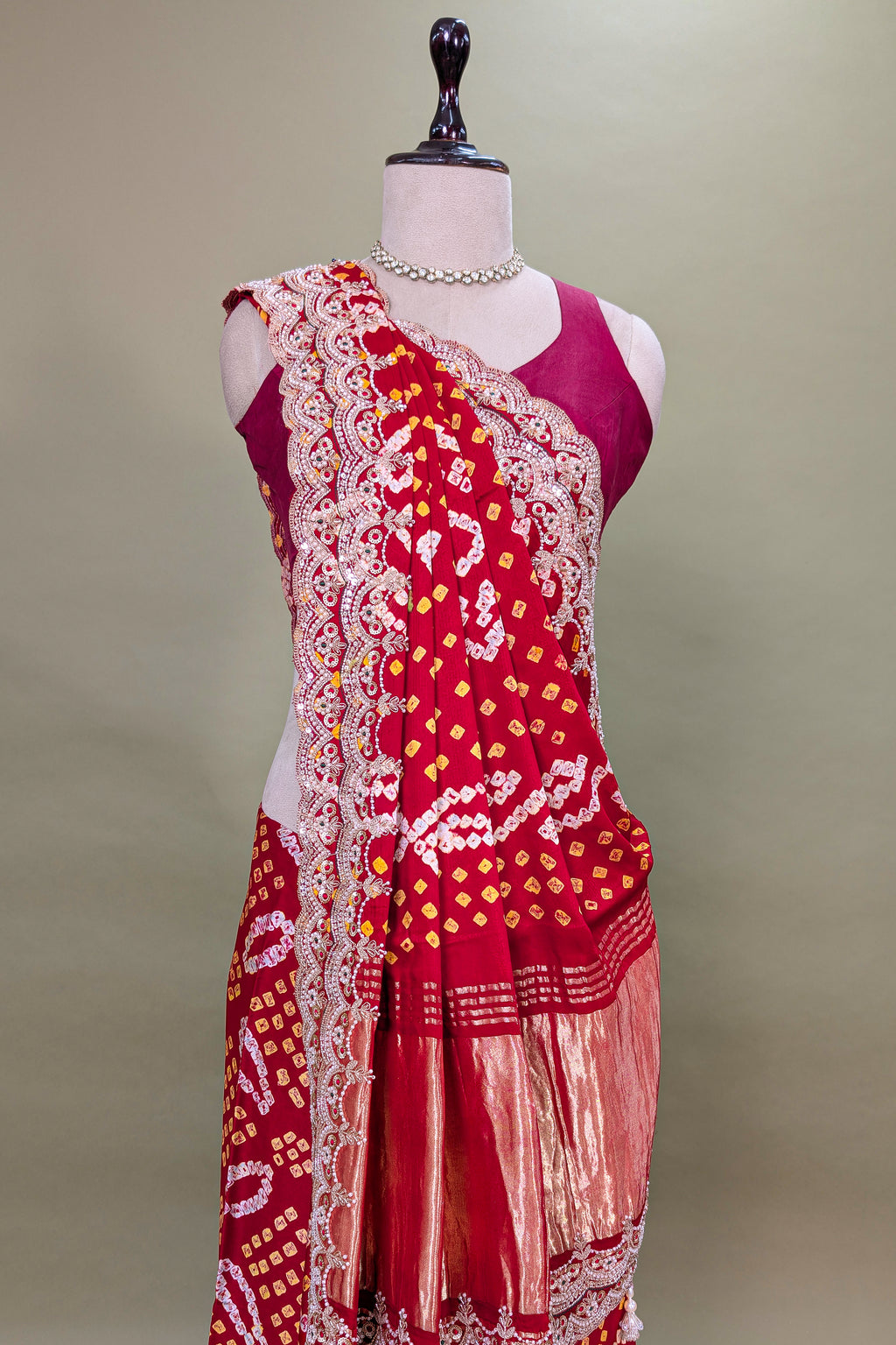 Red Gaji Satin Silk Bandhej Saree with Heavy Bead Worked Border