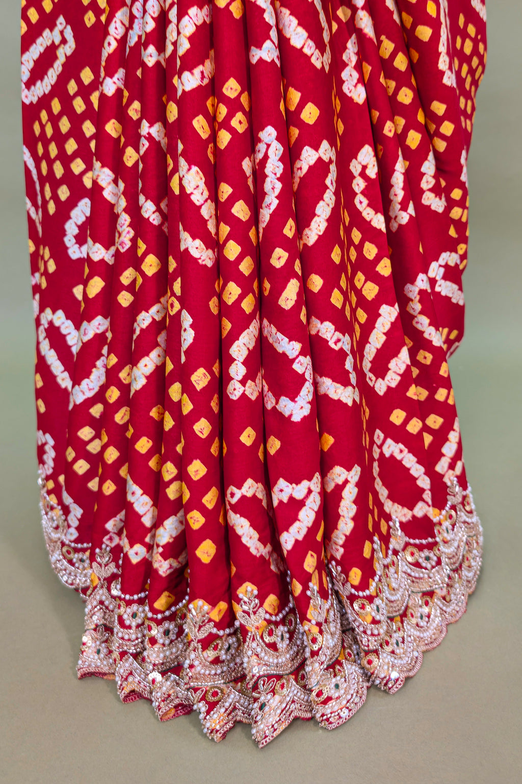 Red Gaji Satin Silk Bandhej Saree with Heavy Bead Worked Border