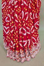 Red Gaji Satin Silk Bandhej Saree with Heavy Bead Worked Border