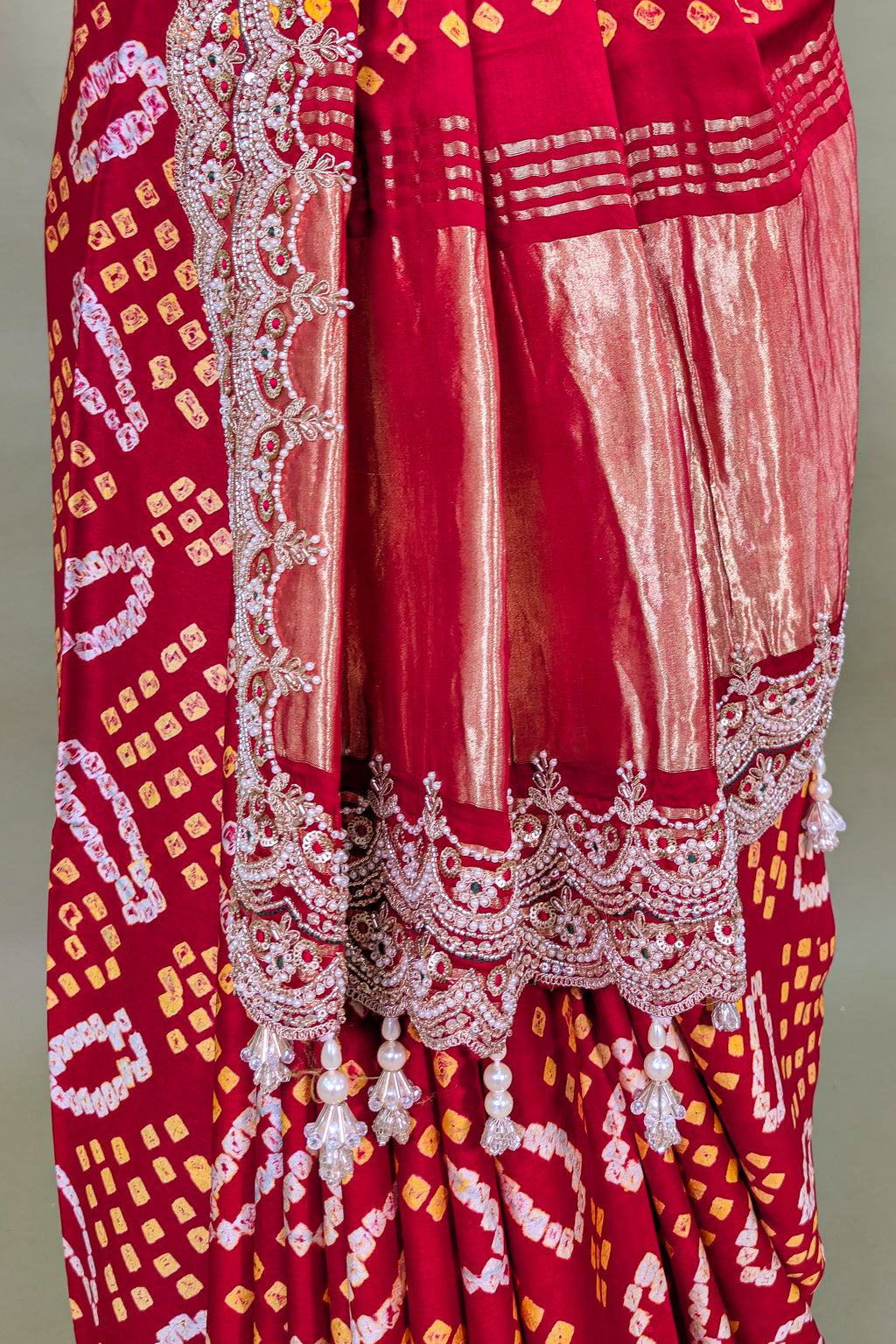 Red Gaji Satin Silk Bandhej Saree with Heavy Bead Worked Border