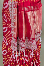Red Gaji Satin Silk Bandhej Saree with Heavy Bead Worked Border