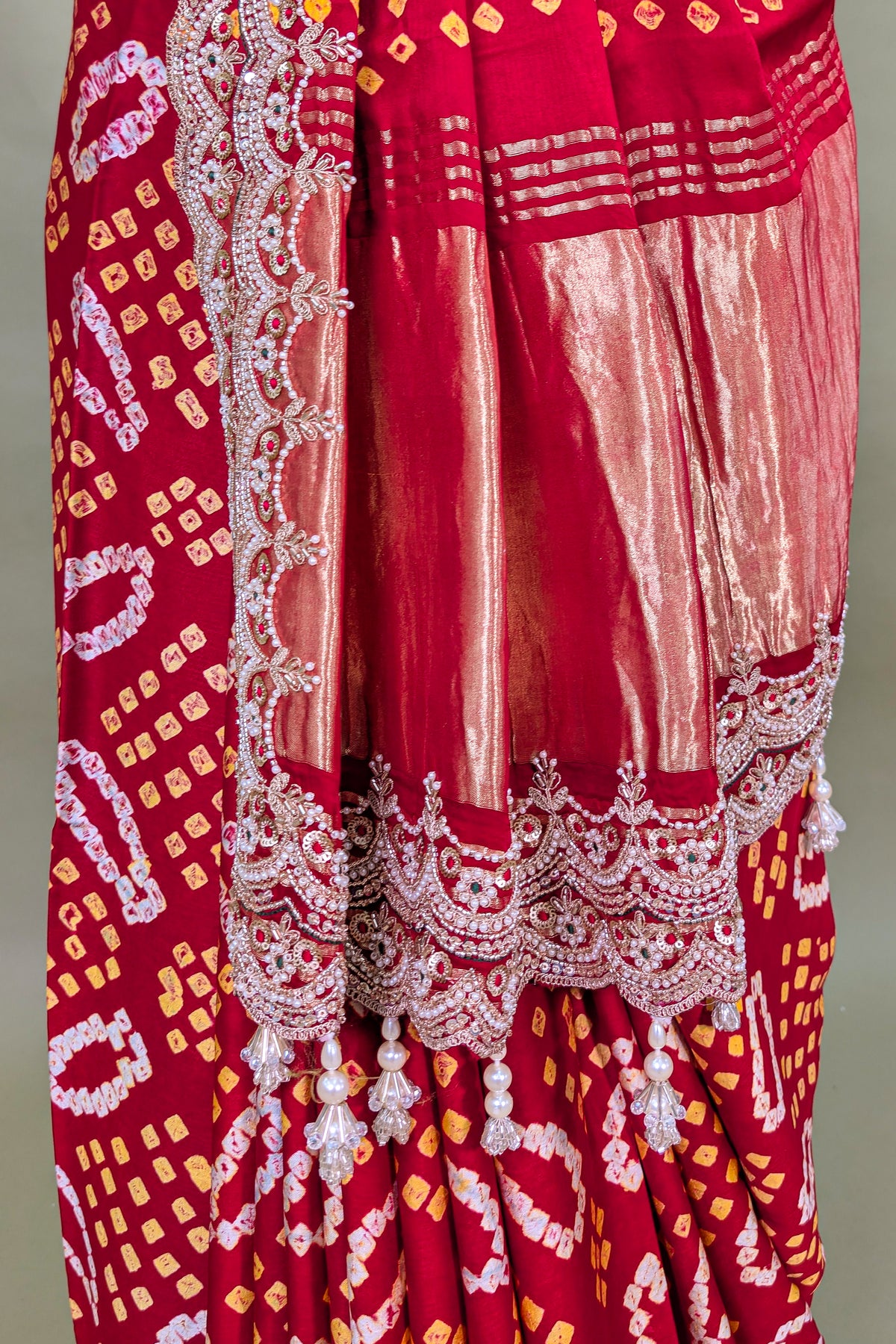 Red Gaji Satin Silk Bandhej Saree with Heavy Bead Worked Border