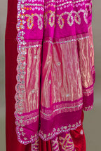 Pink and red Gaji Silk Bandhej and Applique Worked Saree