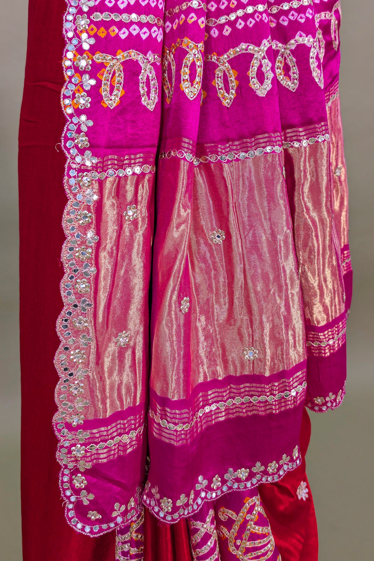 Pink and red Gaji Silk Bandhej and Applique Worked Saree