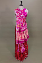 Pink and red Gaji Silk Bandhej and Applique Worked Saree