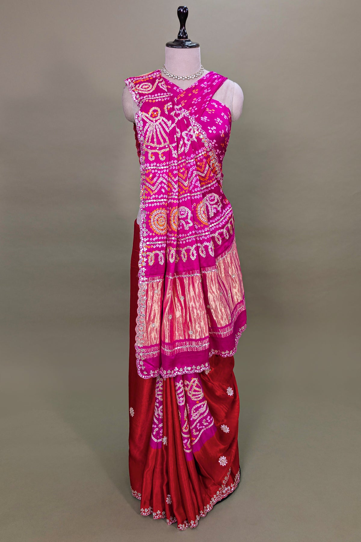 Pink and red Gaji Silk Bandhej and Applique Worked Saree