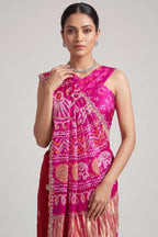 Pink and red Gaji Silk Bandhej and Applique Worked Saree