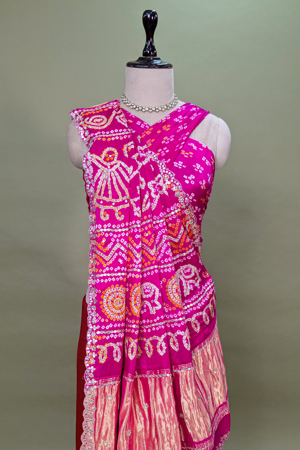 Pink and red Gaji Silk Bandhej and Applique Worked Saree
