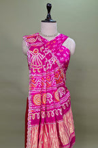 Pink and red Gaji Silk Bandhej and Applique Worked Saree