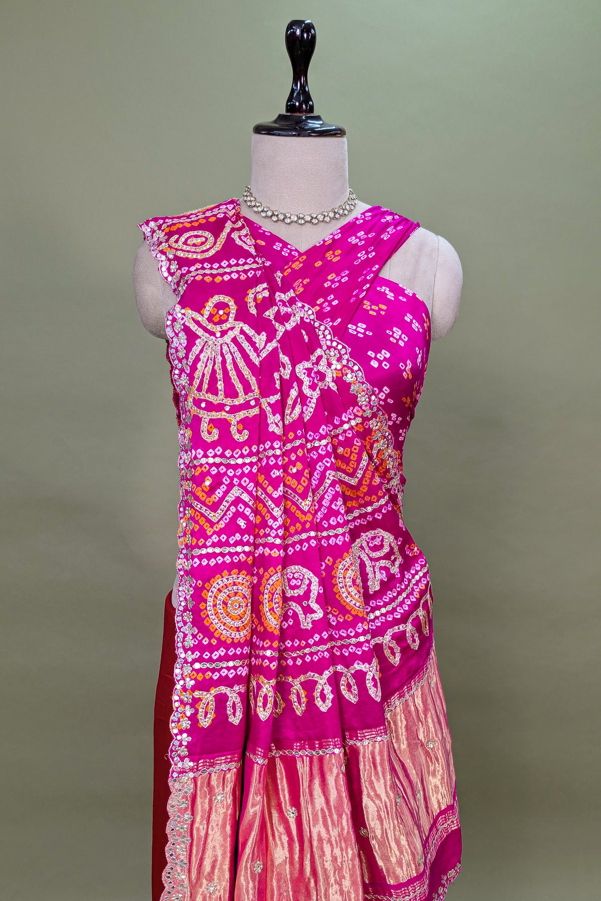 Pink and red Gaji Silk Bandhej and Applique Worked Saree