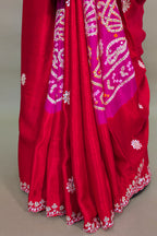 Pink and red Gaji Silk Bandhej and Applique Worked Saree